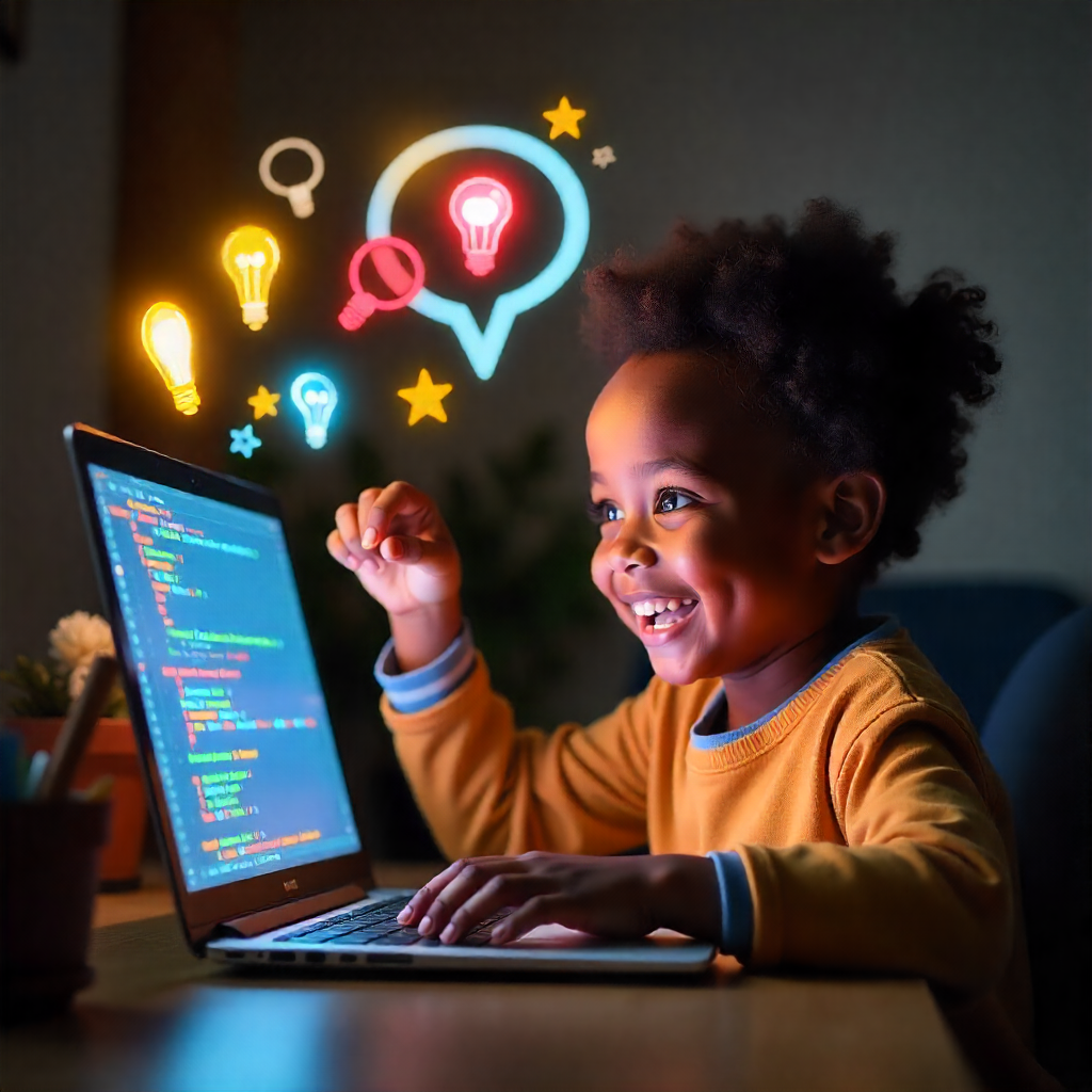 Smiling child learning coding and robotics at AfricanStemGirl Hub in Nairobi, Ruiru or Rongai